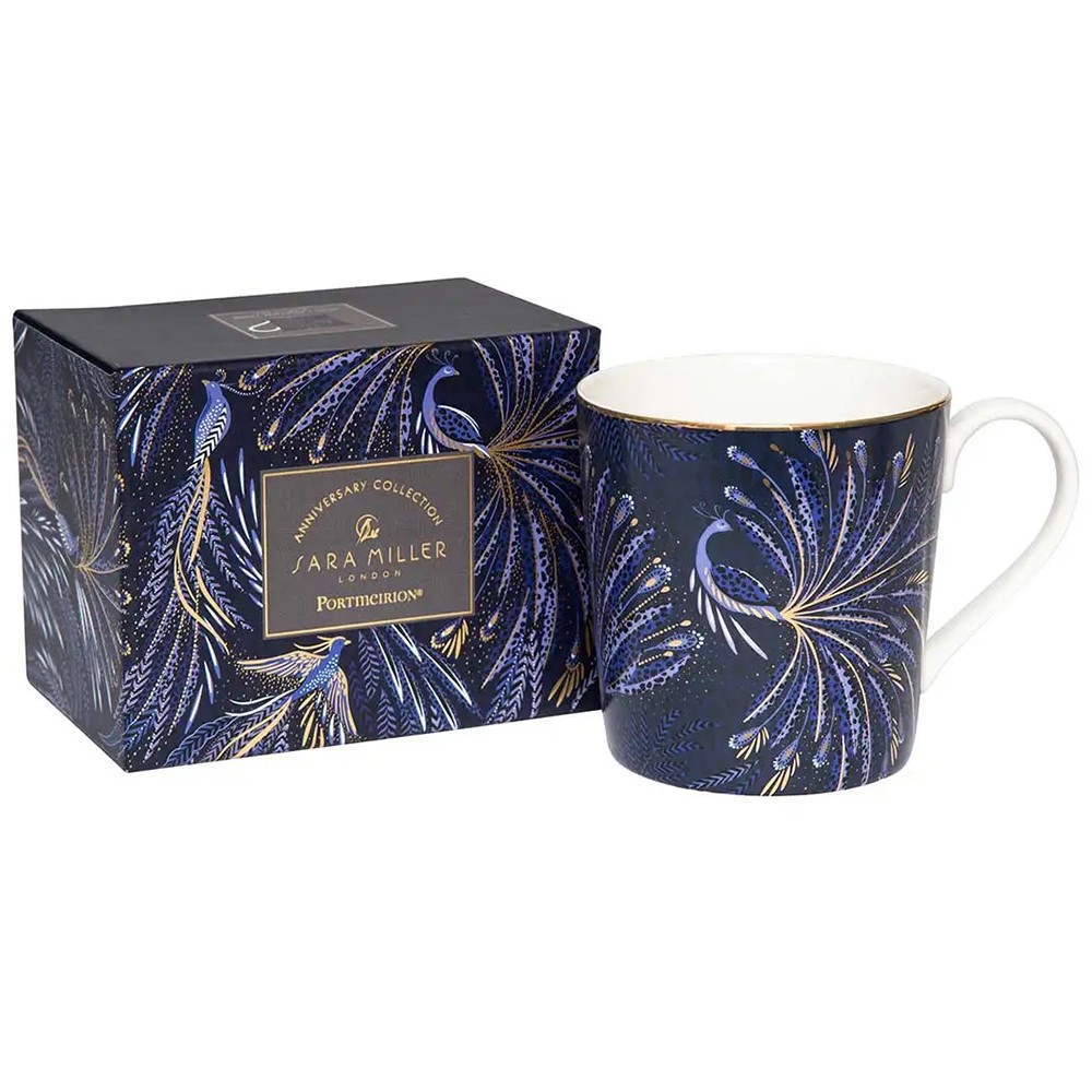 Sara Miller Portmeirion Peacock Parade Anniversary Mug 22ct Gold Fine China