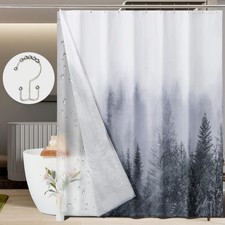 Shower Curtain Set 72x84 Inch with 12 Hooks - Waterproof Grey Misty Forest