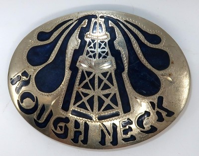 R & B DENVER German Silver Blue Inlay Rough Neck Oil Derrick Belt Buckle, 4''