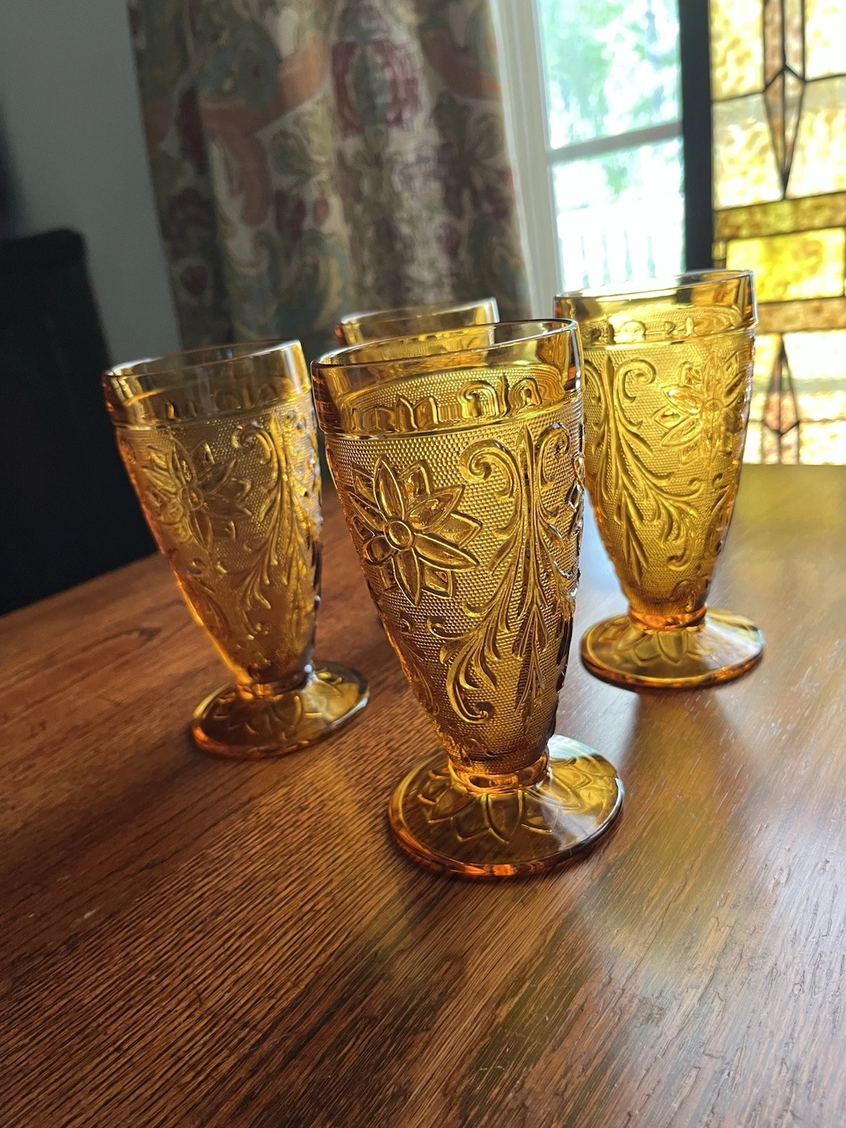 Indiana Glass Tiara Amber Glass Footed Ice Tea Water Glasses 6 3 8" Set Of 4