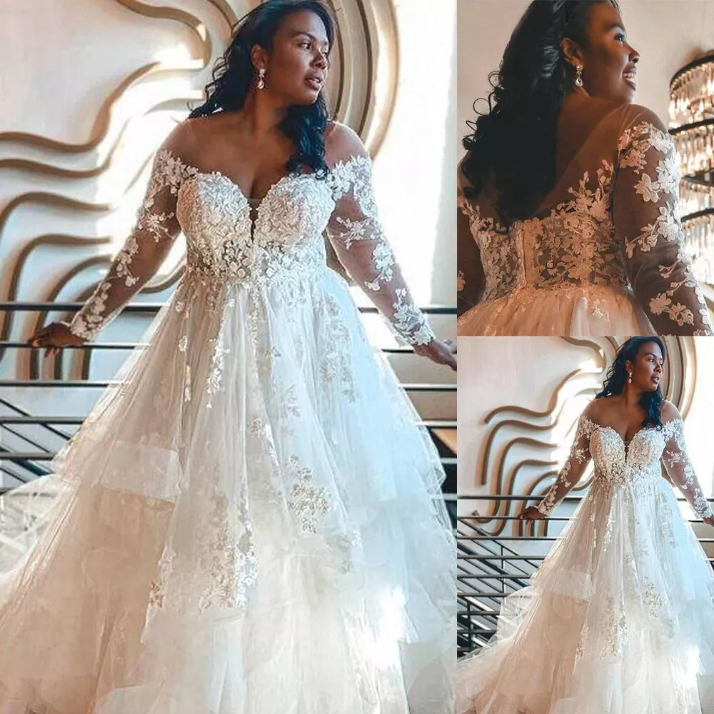 Plus Size Wedding Dresses Long Sleeves Lace Appliques Sweep Train