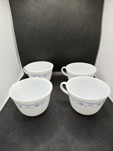 Vintage Set(4) Pyrex White Milk Glass Blue Cornflower Design Coffee Cups Mugs