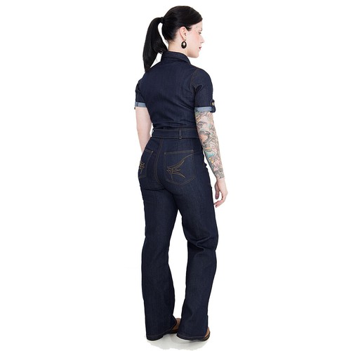 Queen Kerosin Rockabilly Vintage Denim Jumpsuit - Rinsed Overall Dunkelblau - Bild 2 von 10