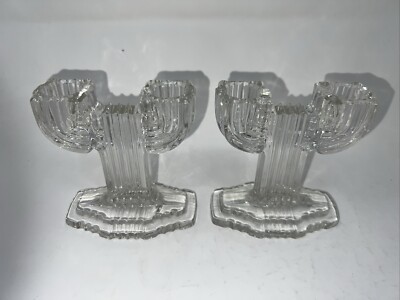 2 Anchor Hocking Queen Mary Double Candle Holder Art Deco Manhattan Cactus Style