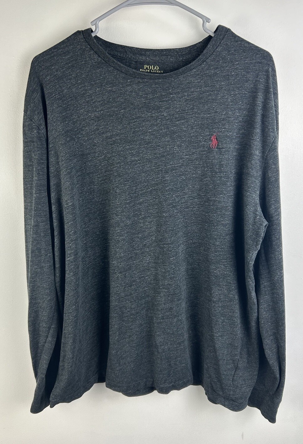 Polo Ralph Lauren camicia uomo L cotone grigio girocollo manica lunga rosso pony tee