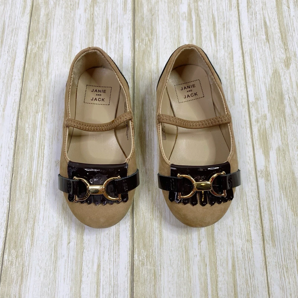 Janie And Jack 学步儿童女孩 5 码棕褐色麂皮绒皮革 Bridle 平底鞋 — 第 2/4 张图片