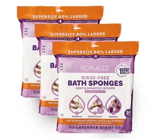 SCRUBZZ 60ct Rinse-Free Bath Sponges Super Size Single Use Lavender
