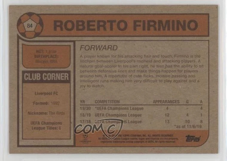 2019 Topps UCL Living Set /236 Roberto Firmino #84 - Image 2 of 2