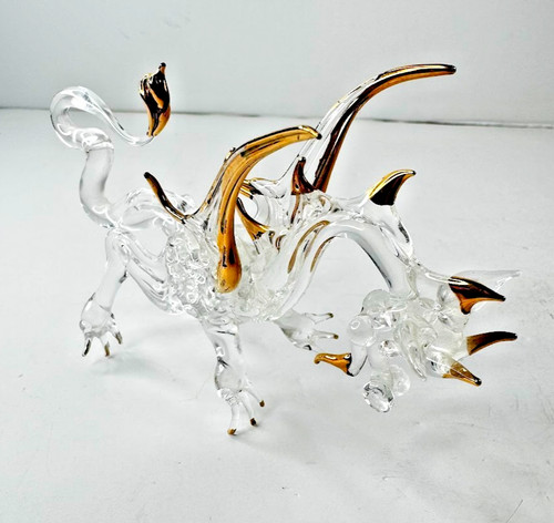 Hand Blown Art Glass Dragon Figurine Clear Crystal w/ Gold Accents Fantasy Decor