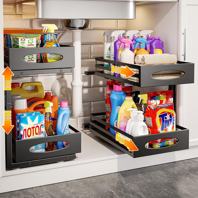 2-Tier Under Sink Organizer Set - Adjustable Pull-Out Storage for Kitchen & Bath
