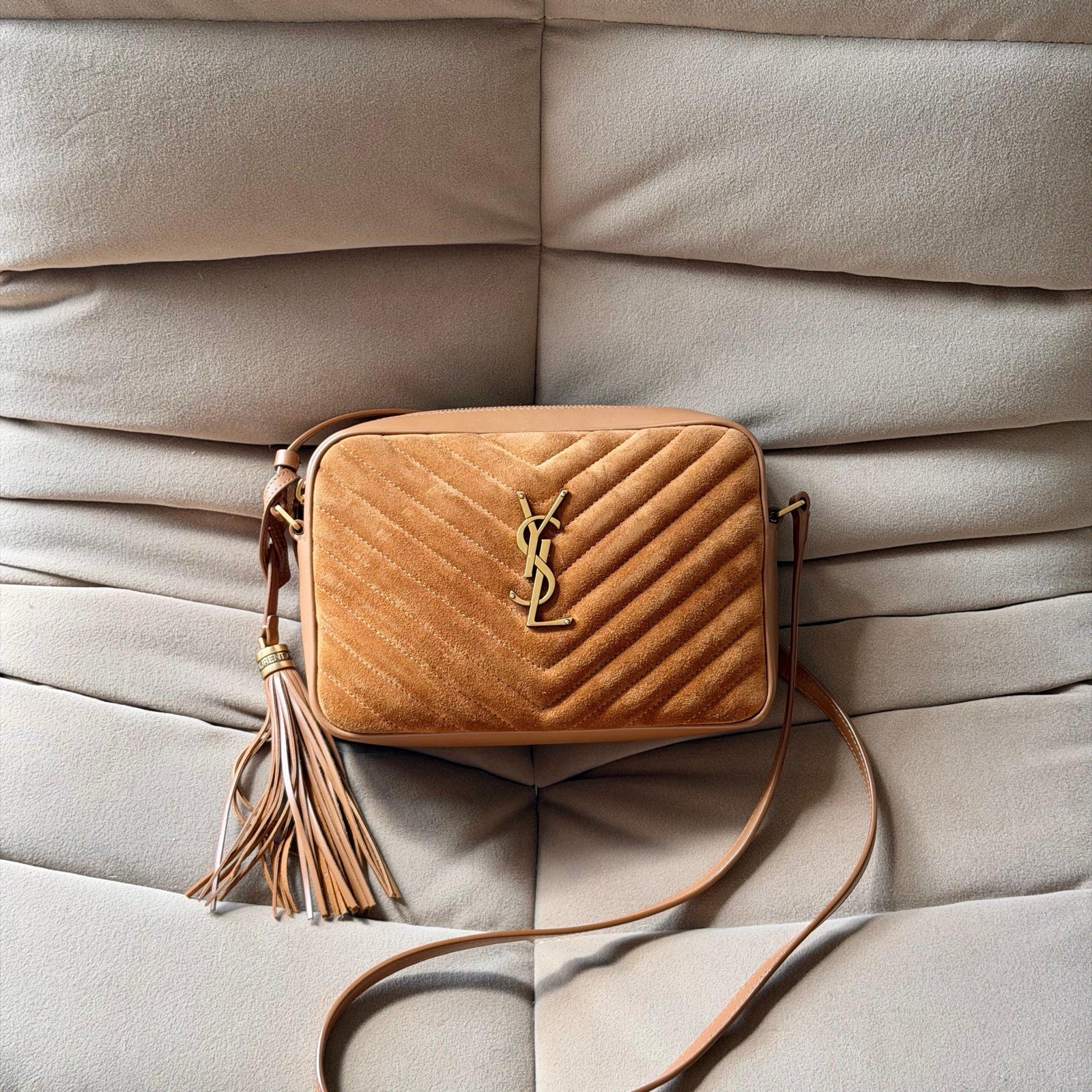 Saint Laurent YSL Camera Lou Bag in Cinnamon Quilted Suede with Gold Hardware