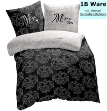 Mikrofaser Partner Bettw&auml;sche 2tlg 135x200 schwarz creme Ornamente Mr&Mrs 1b