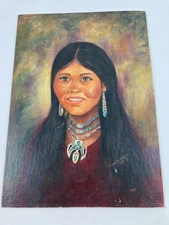 Oil Painting Young Woman Girl Wearing Native American Jewelry Signed Damaged