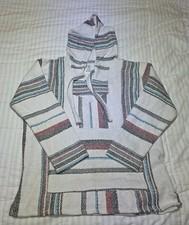 Del mex Hoodie Mens Medium White Blue Baja Mexican Stripe Pullover Poncho