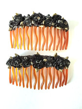 Vintage 1920's Art Deco Hair Combs Pair Black Rosettes w/ Beads  Rhinestones
