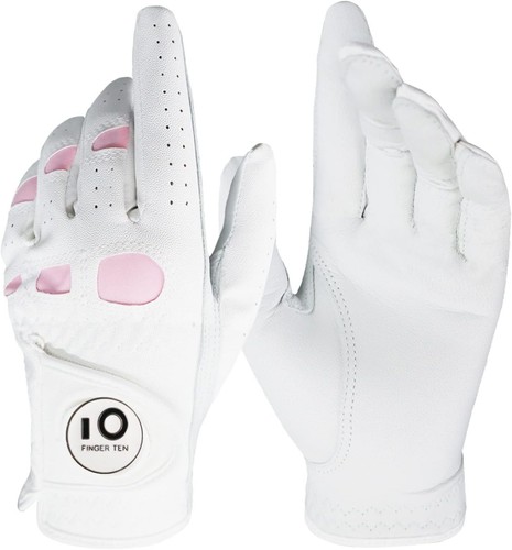 FINGER TEN Women’s Leather Golf Glove with Ball Marker Ladies Large, white