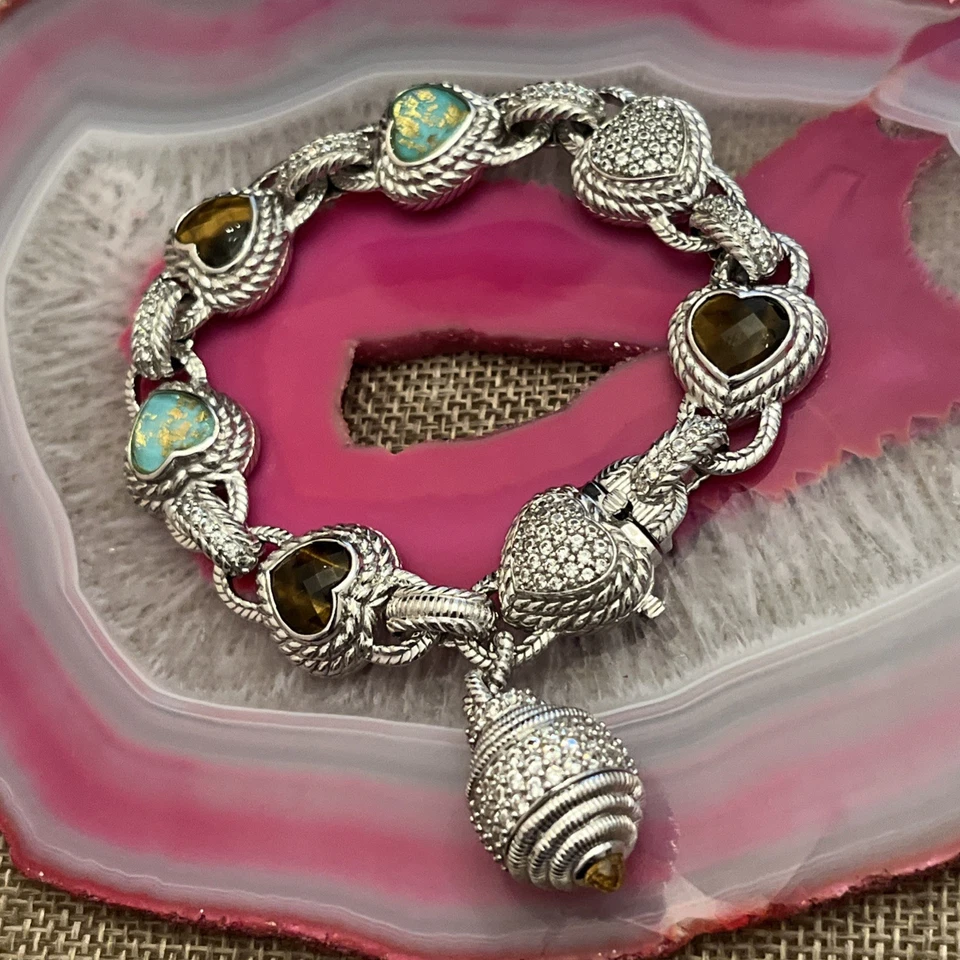 Judith Ripka Sterling Silver Tigers Eye Turquoise Heart Doublet Bracelet 8.25” - Image 2 of 4