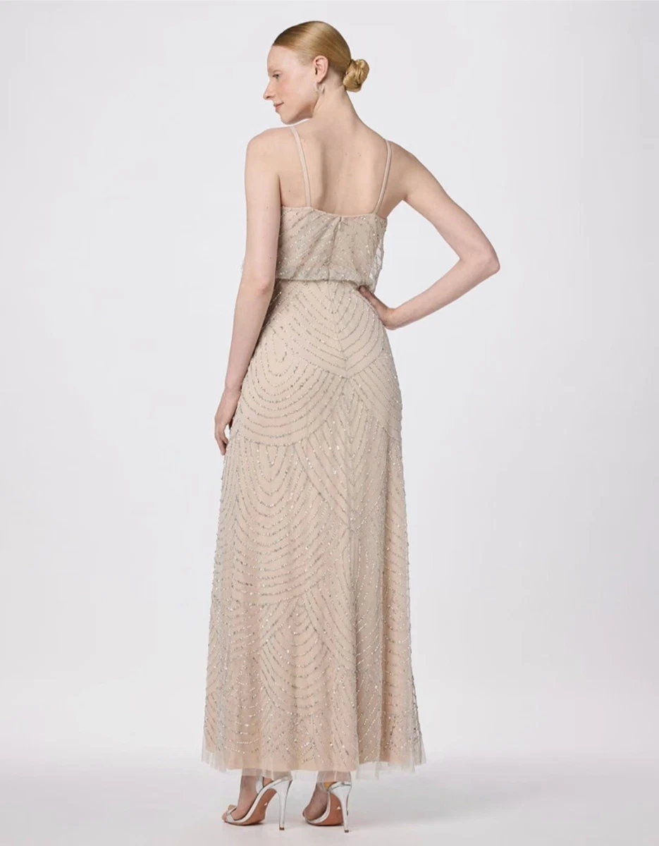 Vestido Blusa Adrianna Papell Cuentas Talla 18 Desnudo Correa Espagueti