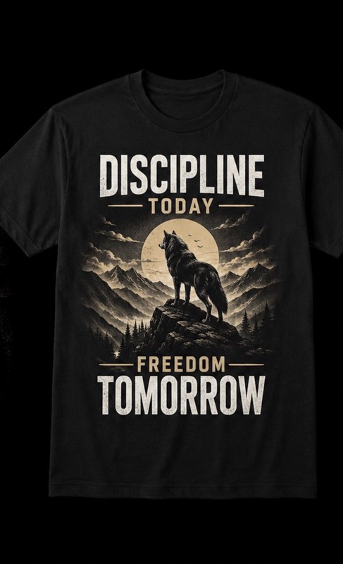 Men's Black Wolf Graphic Print T-Shirt L/XL "Discipline Today Freedom Tomorrow"