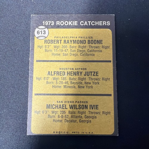 1973 Topps - High Number Bob Boone, Mike Ivie, Skip Jutze #613 (RC) NM Sharp - Afbeelding 2 van 2