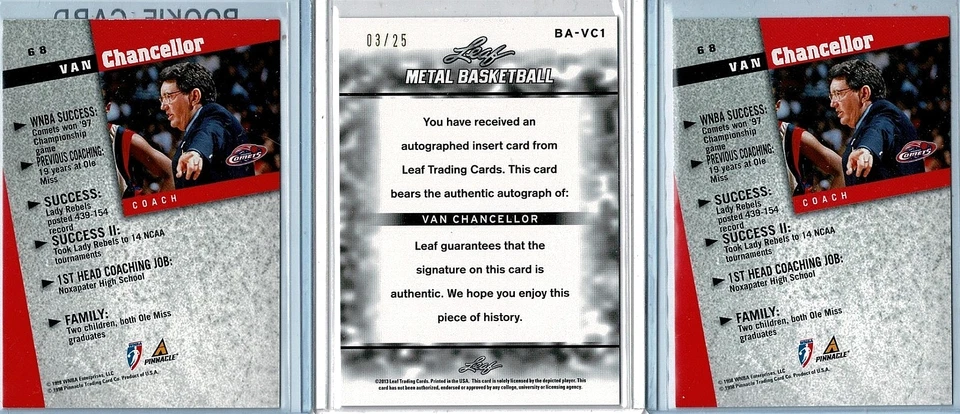 Tarjeta automática Van Chancellor 1998 Pinnacle WNBA Arena & Court 3-RC/Hoja #/25🏀COMETS Foto 2 de 2