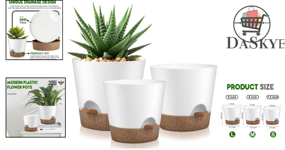Modern Self-Watering Plant Pots with Drainage, 3-Pack - Sizes 9, 8, 7.5 Inches - Image 2 of 4