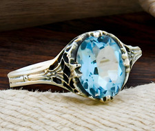 NATURAL 2 CT BLUE TOPAZ 925 STERLING SILVER VICTORIAN STYLE FILIGREE RING  416