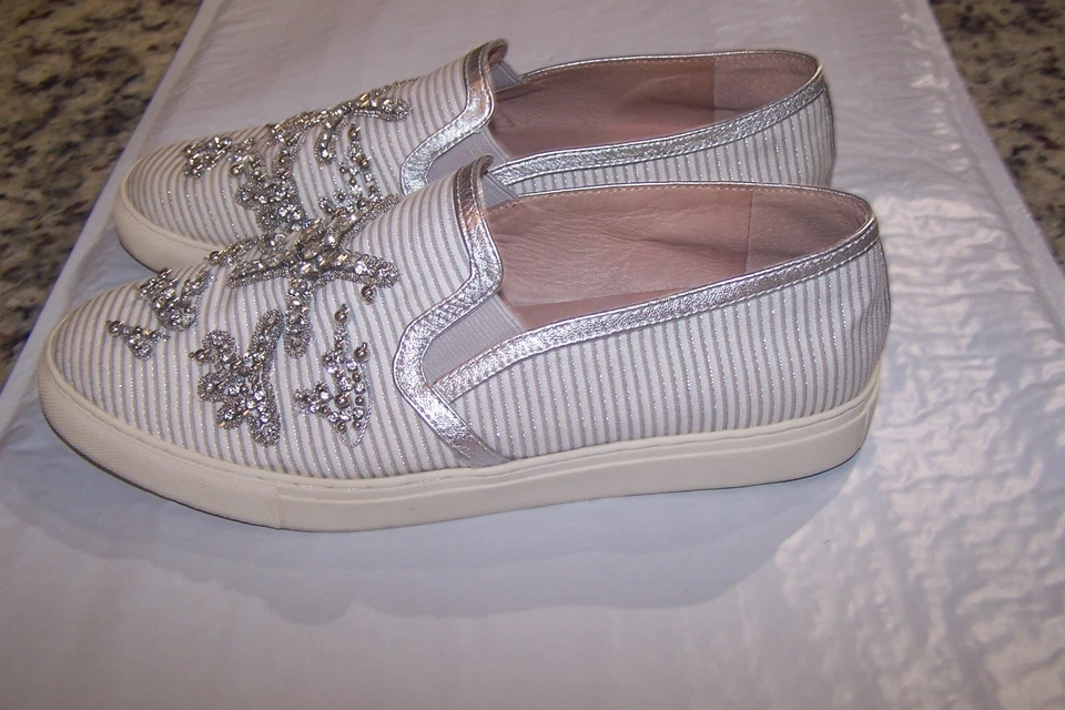 Antonio Melani 8M Silver Sneakers Slip On Shoes Striped Loafers Jeweled Starfish - Image 2 of 4