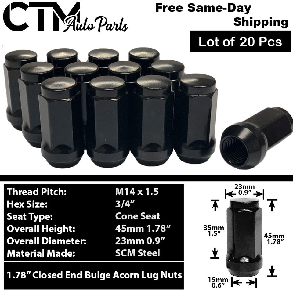 24-Piece Black 14x1.5 Solid Lug Nut Set For GMC Sierra/Yukon, Chevy - OEM Style, 1.77" Height, Forged Steel