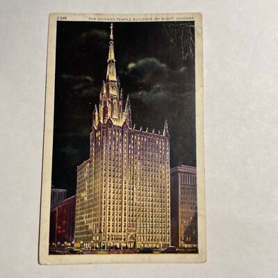Postcard The Chicago Temple Building at Night French Gothic Clark & Washington