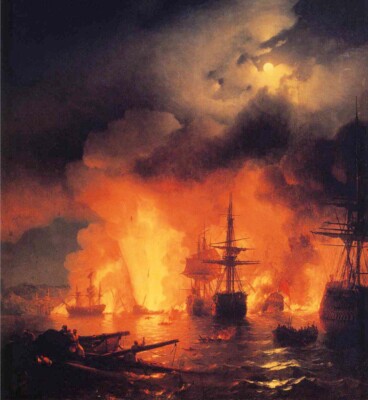 Oil painting naval battle sail boats Battle-of-Ayesme-at-Night-Ivan-Aivazovsky !