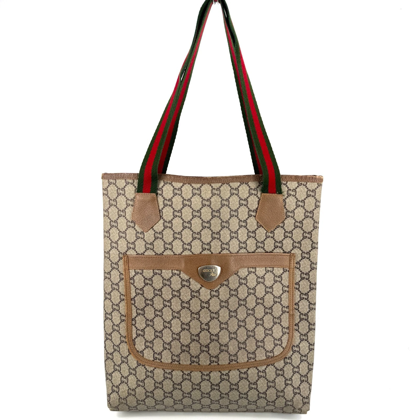 Sac fourre tout GUCCI PLUS Sherry Line sac à main GG Supreme PVC cuir marron authentique