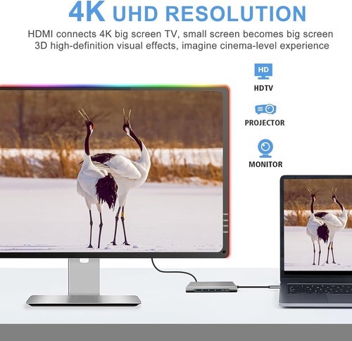 12in1 USB-C HUB Docking Station Adapter Display 4K-HDMI USB 3.0 RJ45 Port Lan SD - Afbeelding 3 van 7