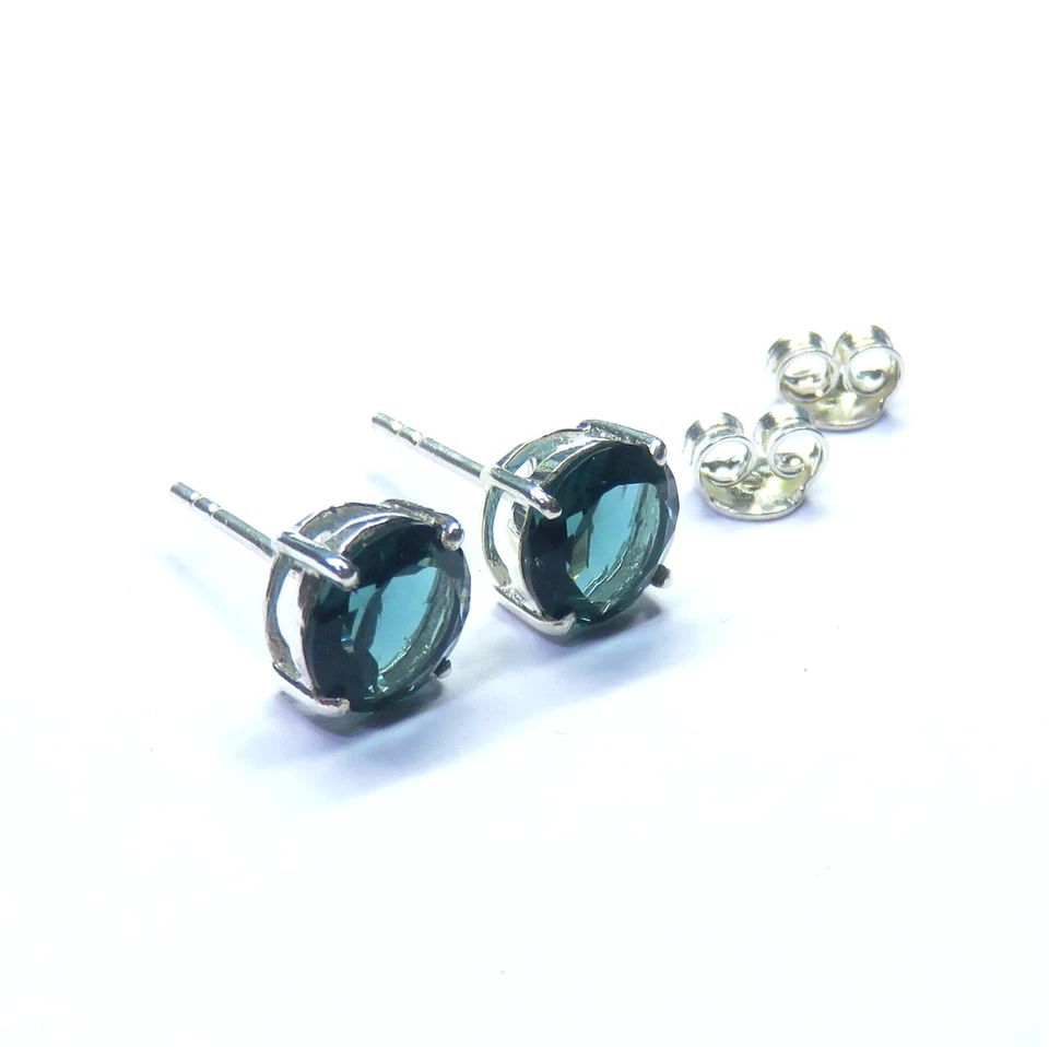 Aretes de plata de ley 925 facetados con forma redonda de topacio azul Londres para regalo Foto 3 de 4