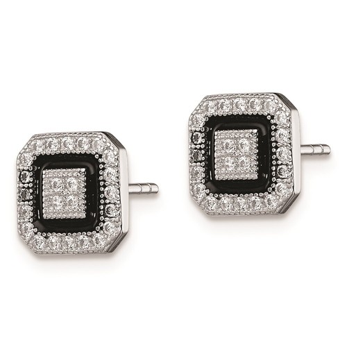 8mm Sterling Silver Black Enamel & Pave CZ Square Halo Post Earrings - Picture 2 of 4