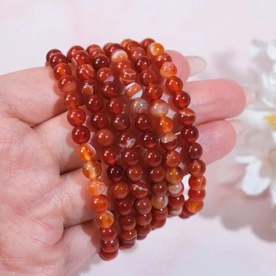 Natural Carnelian Elastic Stretch Bracelet 8mm Round Crystal Gemstone Beads - Image 3 of 4