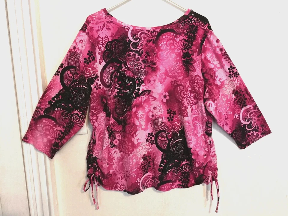 Caribbean Joe Womens Blouse 2X Plus Paisley Pink Purple Black Shirt 3/4 Sleeve - Image 2 of 3