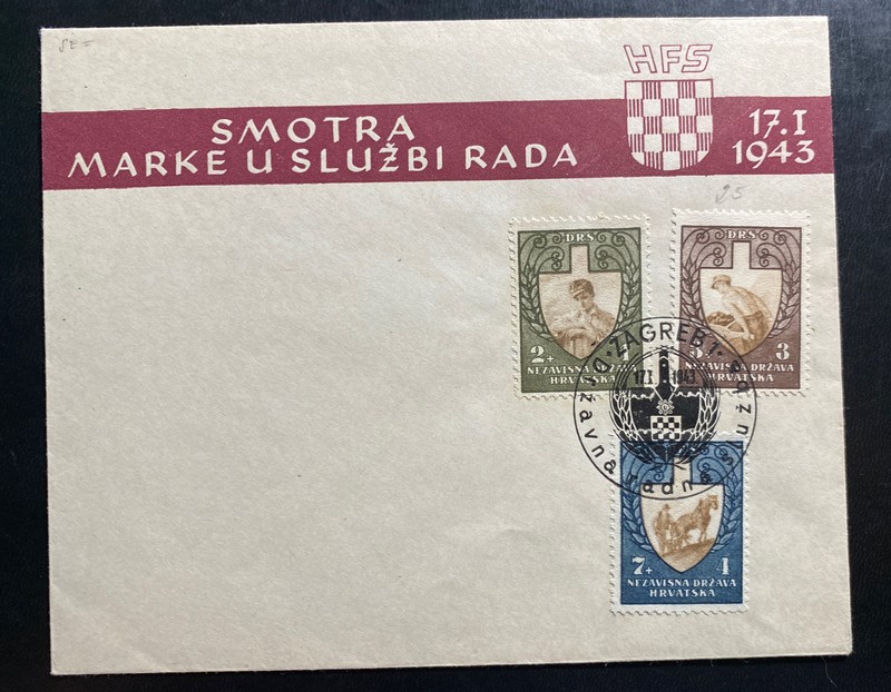 1943 Zagreb Croatia First Day Cover FDC Sc#B25-27 State Labor Service Stamps