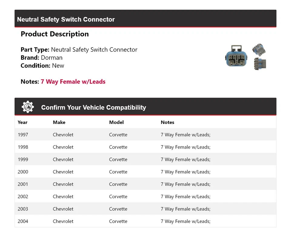 适用于 1997 - 2004 年雪佛兰 Corvette Dorman 中性安全开关连接器 1998 — 第 2/4 张图片