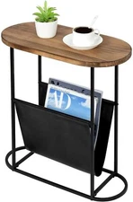 Modern Burnt Wood and Black Metal Accent End Table with Magazine Sling Holder