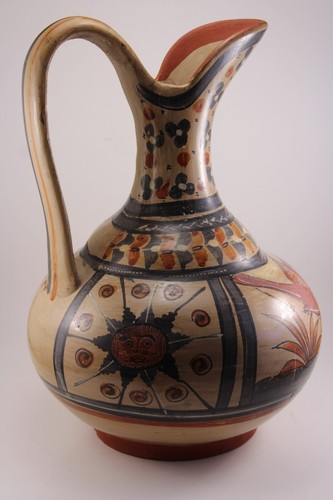 Vintage Mexican Tonala Folk Art Pottery Large Pitcher Vase Bird Sun Home Decor - Picture 12 of 12