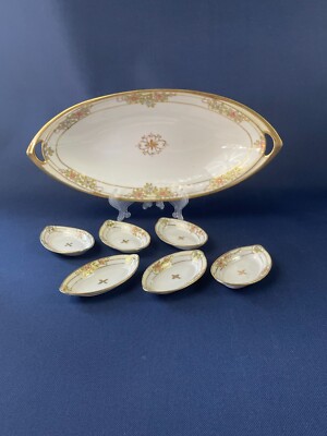 Antique Mori Mura porcelain celery dish & 6 salt pats NIPPON Japan c.1891-1921