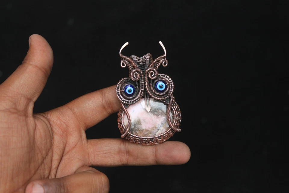 Awesome Owl Pendant Jewelry Gift Rhodochrosite Gemstone Copper Wire Wrap NK720 Foto 3 de 4