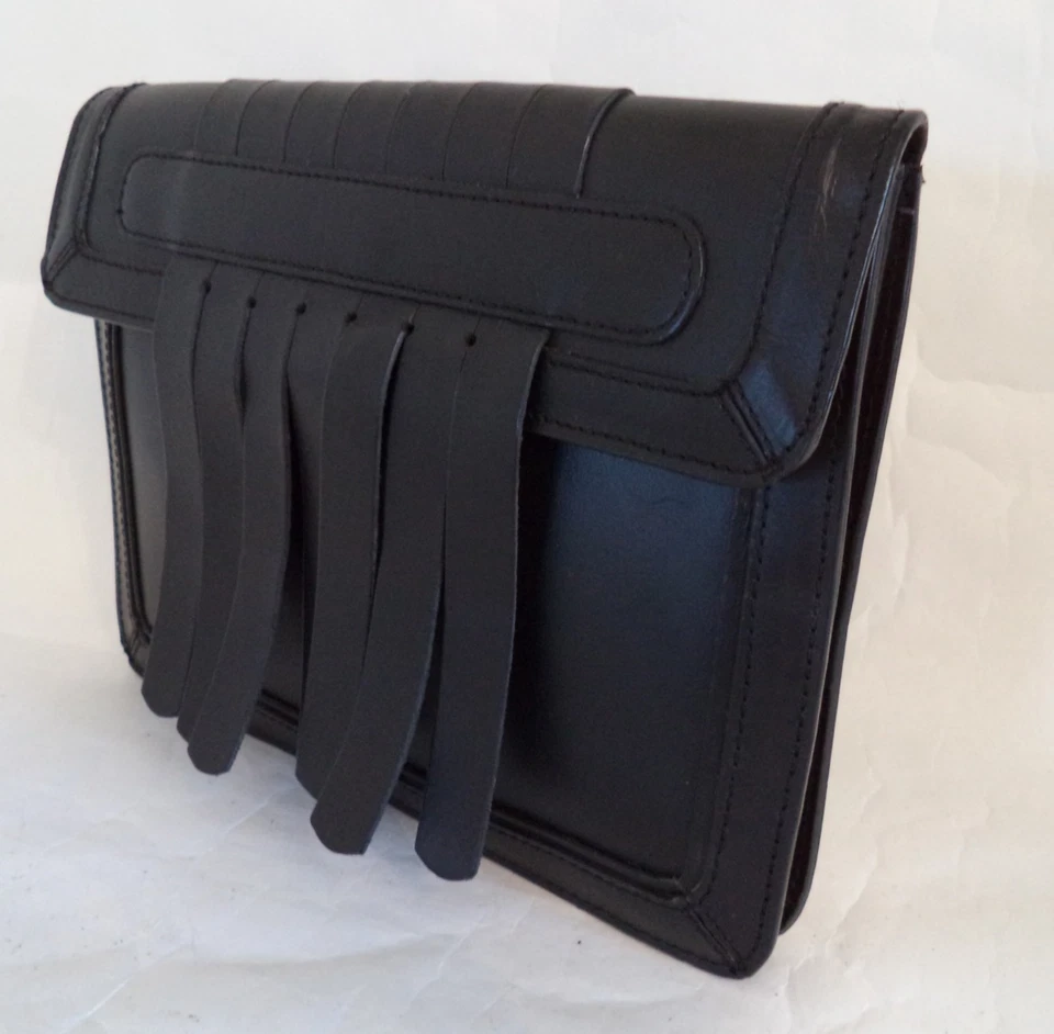 ASOS BLACK LEATHER CLUTCH BAG HANDBAG FRINGE - Image 3 of 4