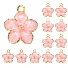50 Pcs Gold Plated Enamel Cherry Blossoms Charm Pendant Pink for DIY Crafts