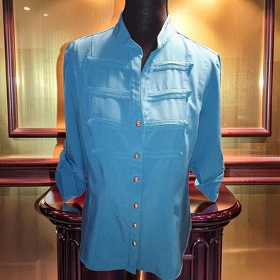 Kathy Che Stretch Women's Small Turquoise Blouse Gold Buttons 3/4 Sleeve