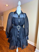 Women's Black Sheer Chiffon Shirt Dress Collared Puff Sleeve Belted Ruffle