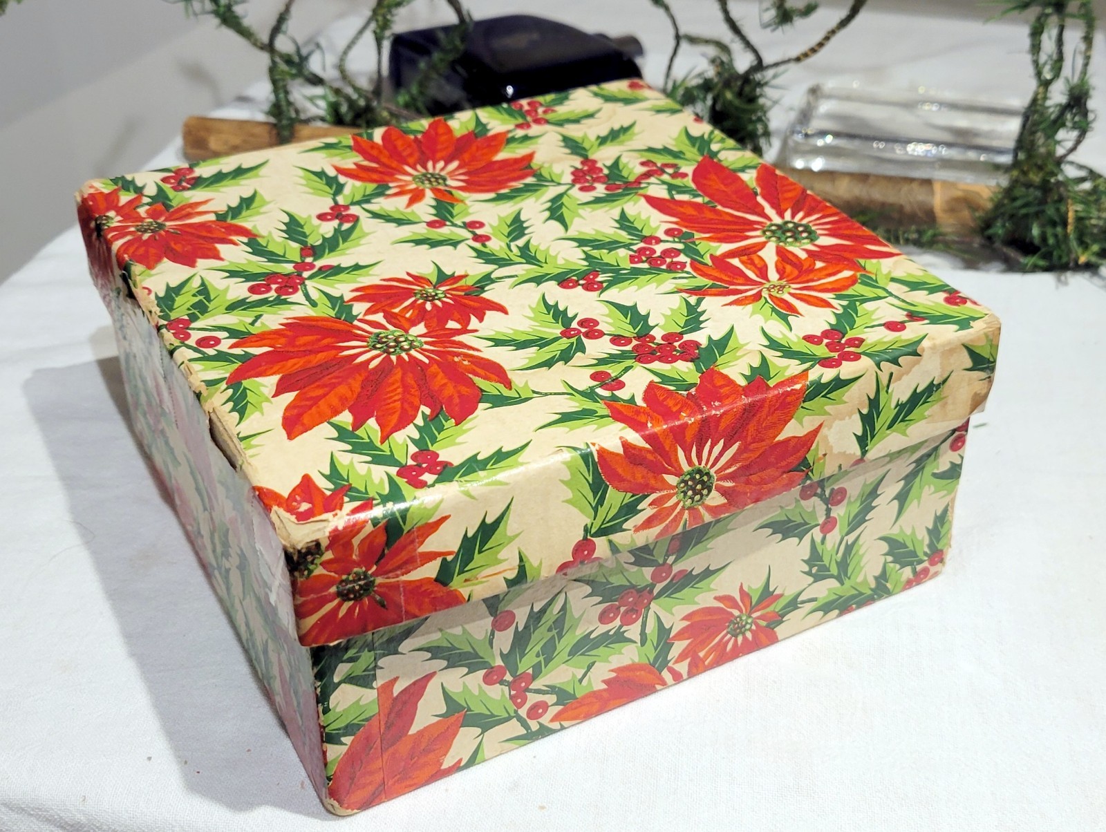 Holly Leaves & Poinsettia themed Christmas Gift Box. 1920s. Hall Brothers. USA.