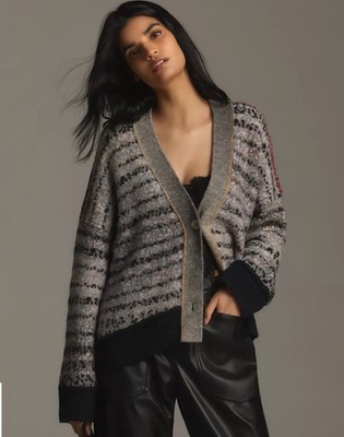 Anthropologie Pilcro Mash Up Cardigan Sweater Mixed Print 3 Button Womens Size L