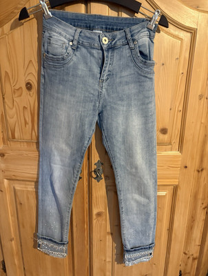 Damen Boyfriend Jeans Blau Gr. S L28 Stretch Denim Five-Pocket Perlen